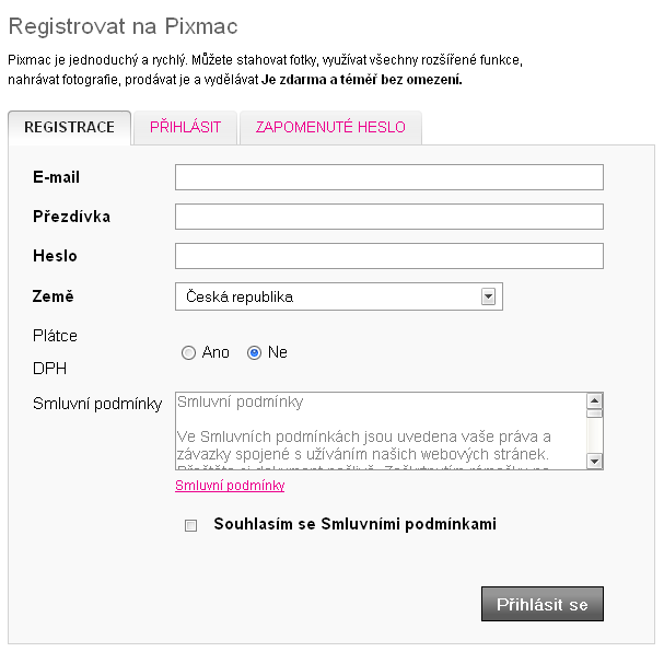 registrace do Pixmac